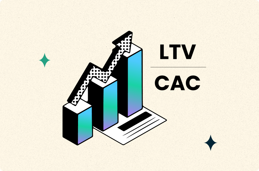 Bar chart with arrow and LTV CAC terms for ltv:cac for e-commerce definition benchmark tips to improve - by TrueProfit