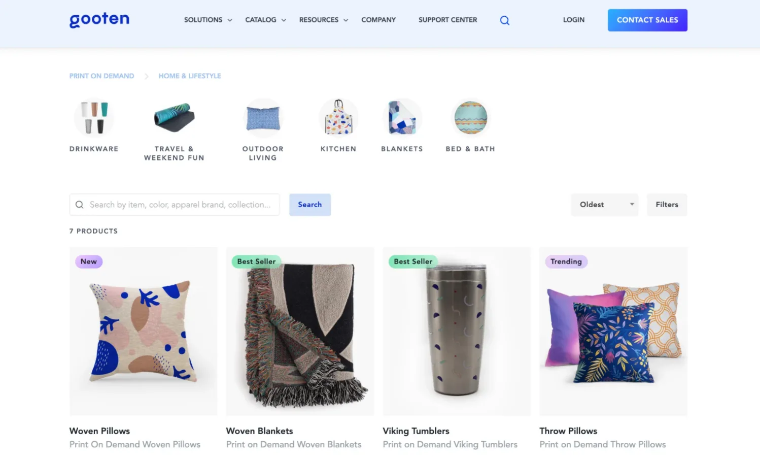 A POD product category page on Gooten