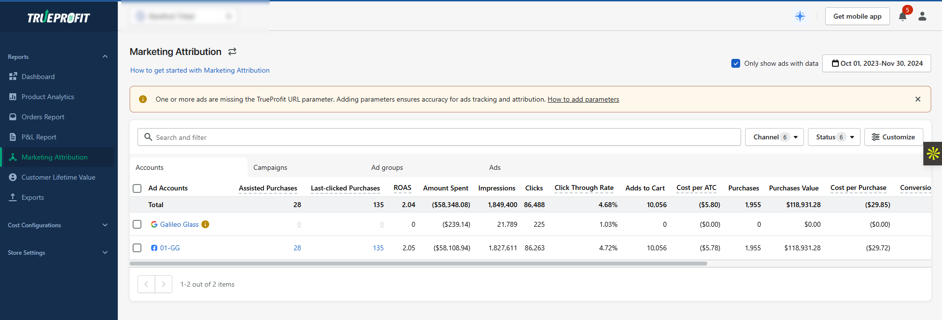 Marketing Attribution feature of Trueprofit