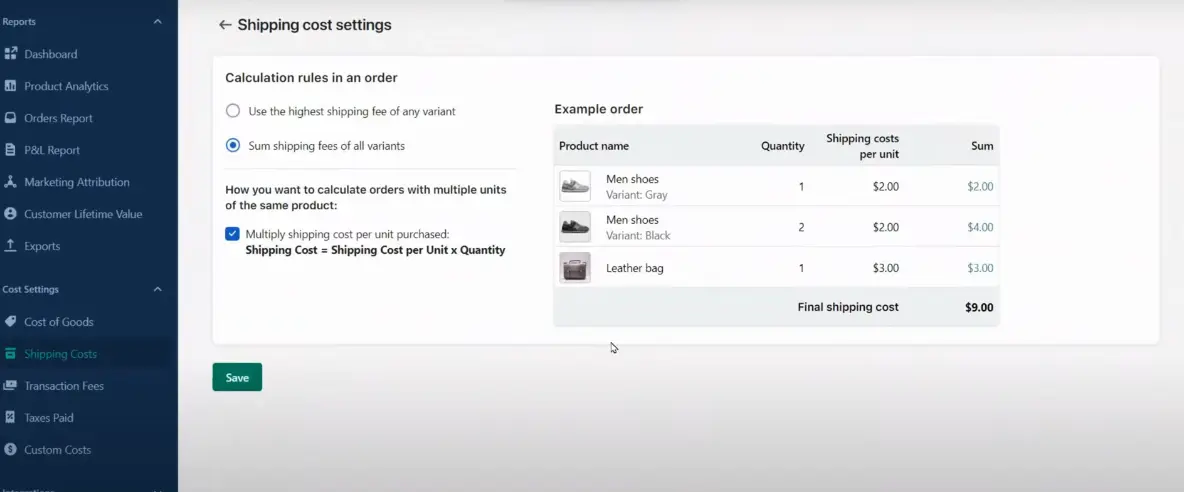 TrueProfit Shipping Cost Setting