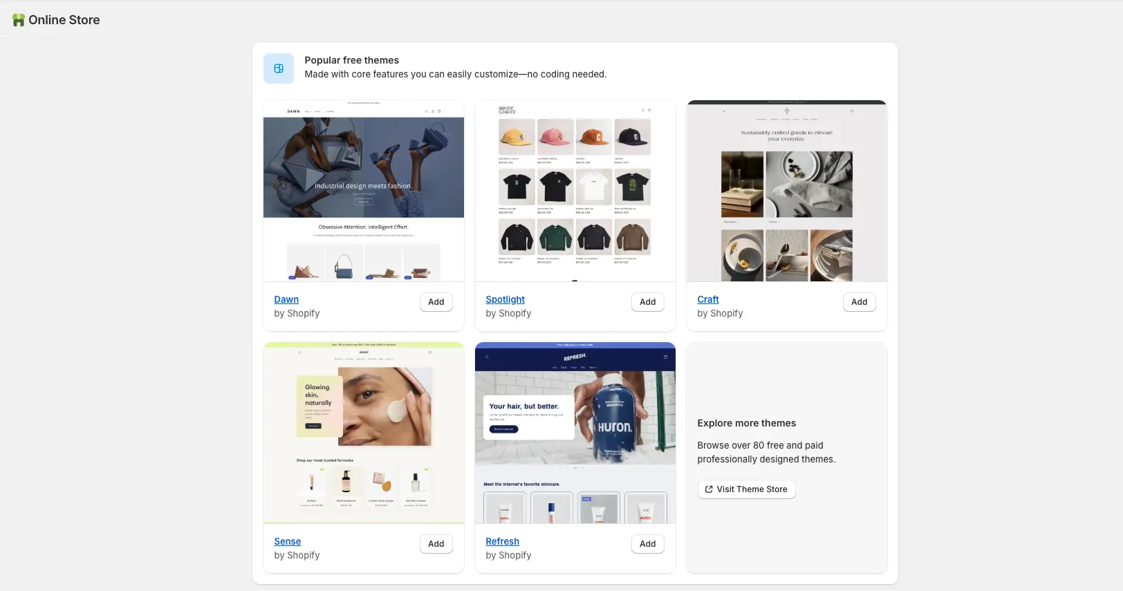 A screenshot of Shopify’s free theme library showing popular options like Dawn, Spotlight, Craft, Sense, and Refresh - ideal for beginners seeking clean, customizable, mobile-friendly store designs.