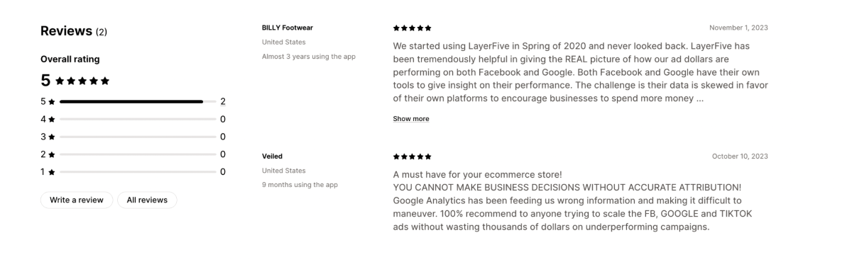 LayerFive reviews on Shopify App Listing