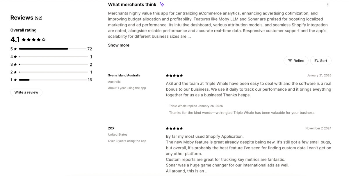 Triple Whale reviews on Shopify App Listing