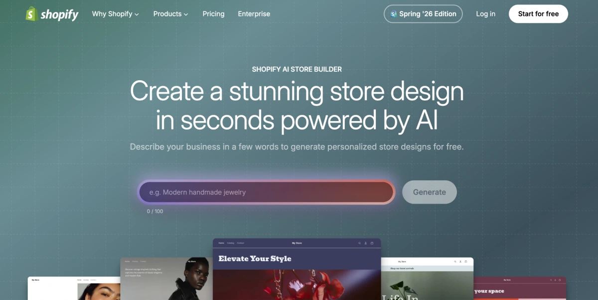 Shopify AI Store Builder home page
