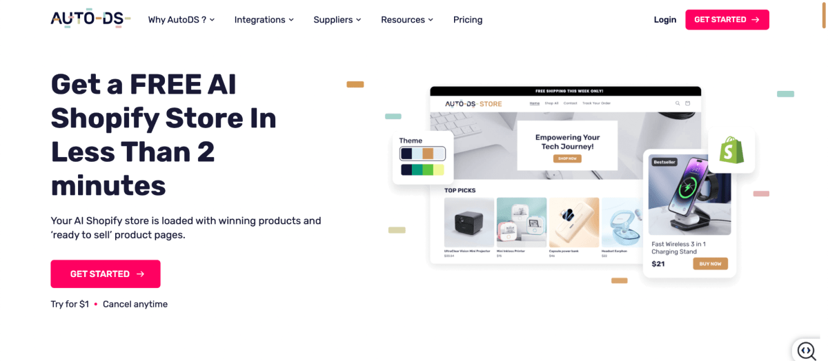 AutoDS AI Shopify Store Builder home page