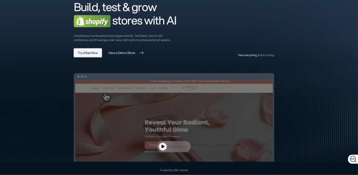 Atlas AI Shopify Store Builder home page