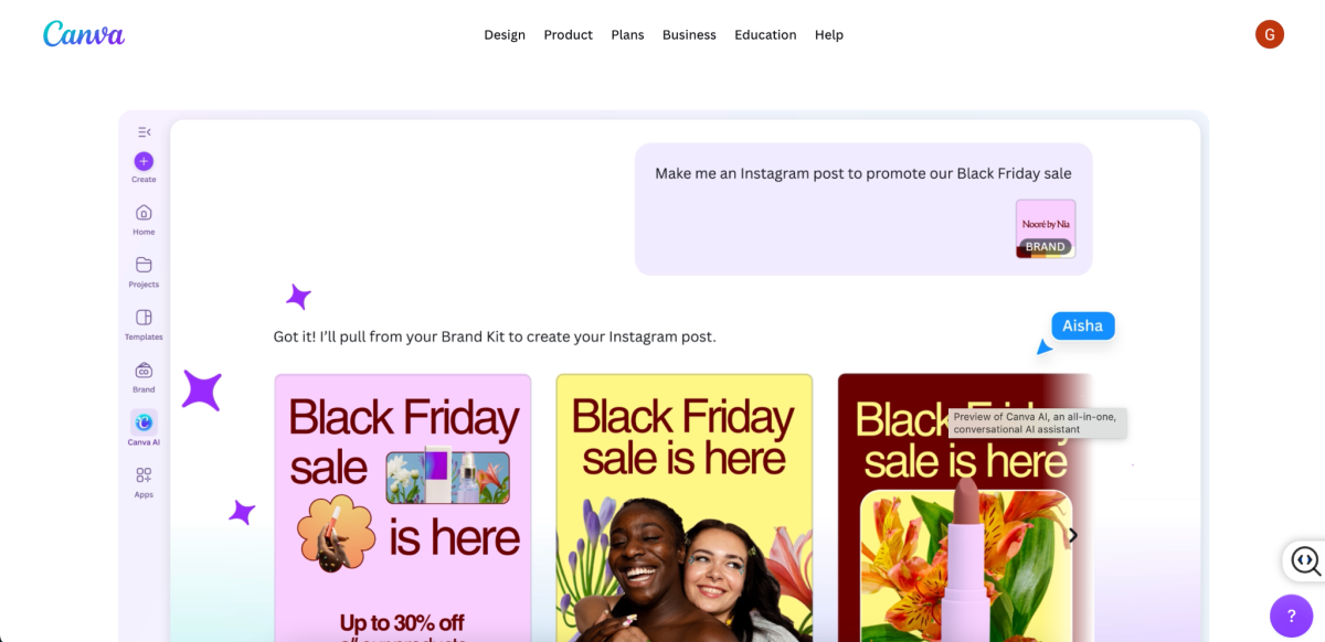 Canva AI homepage screen