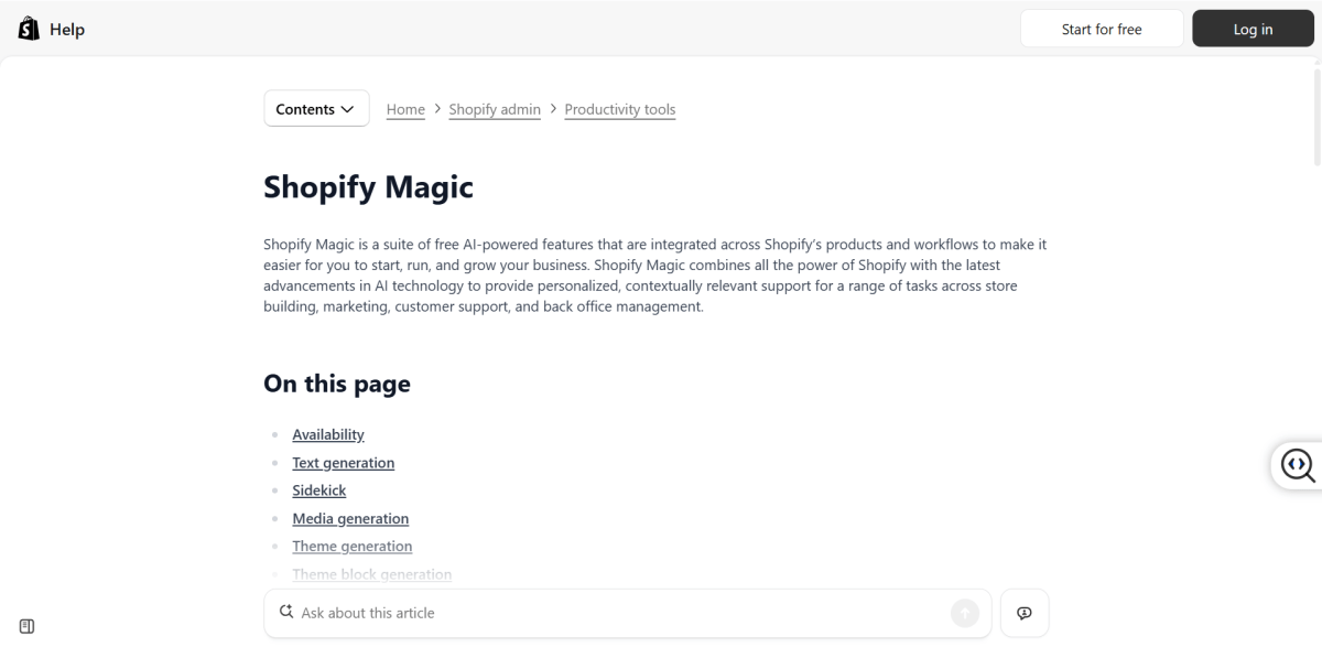 Shopify Magic help page