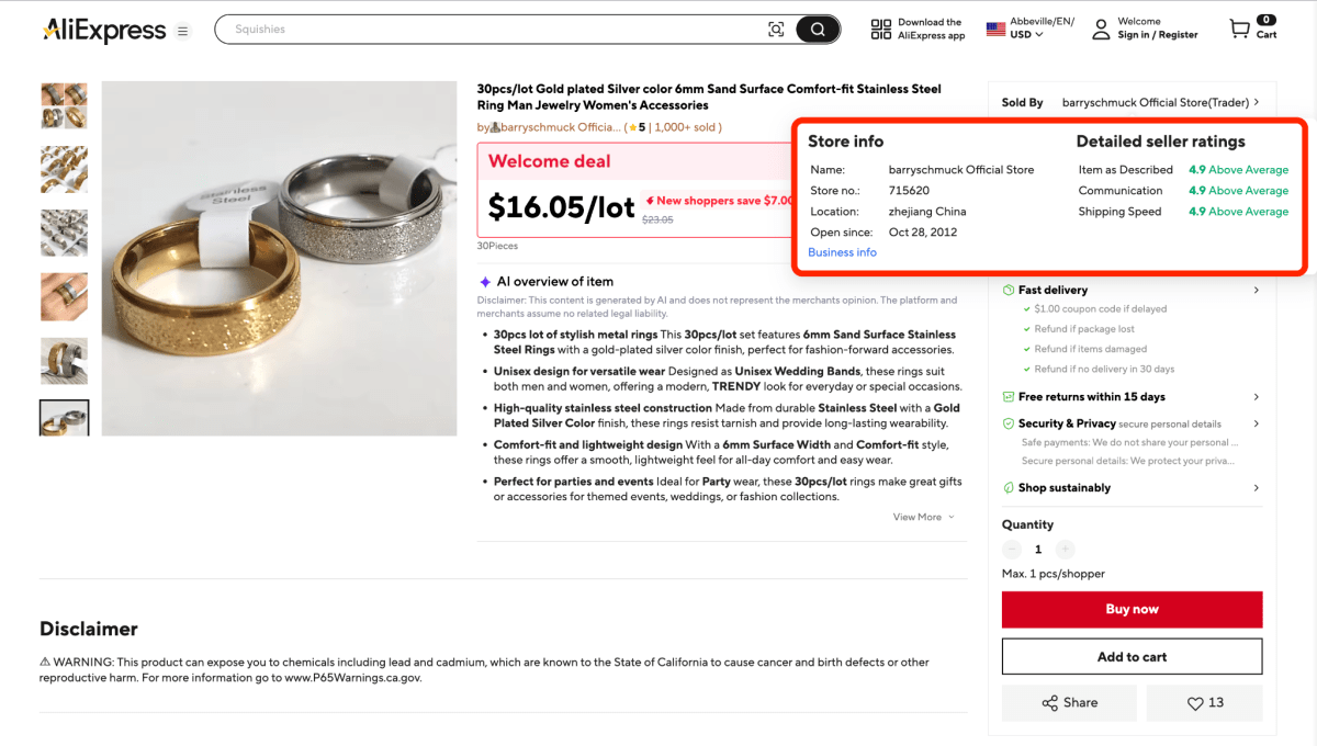 AliExpress product page showing supplier store information and detailed seller ratings