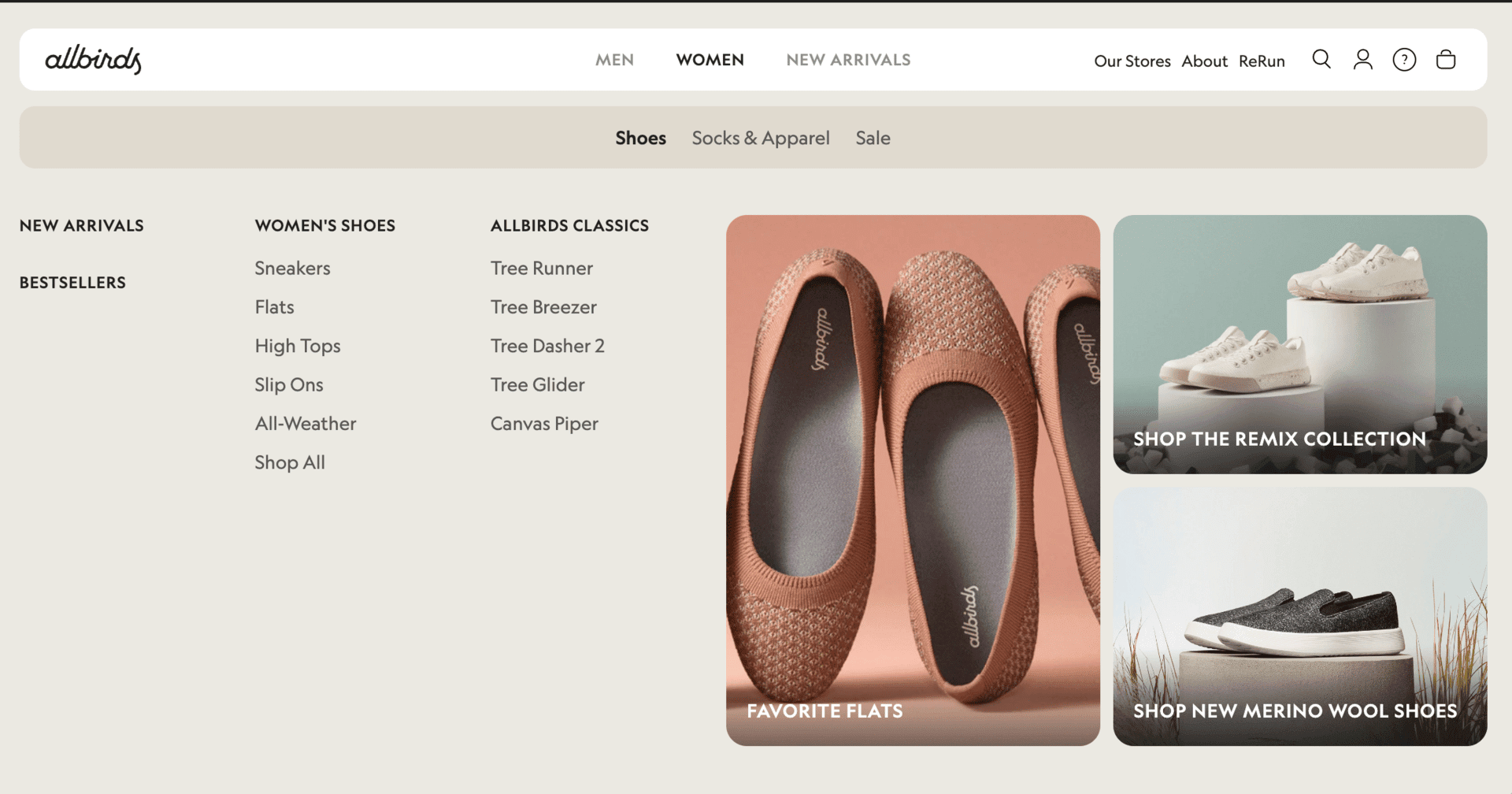 Allbirds website - Example of Selling Products Even on the Menus