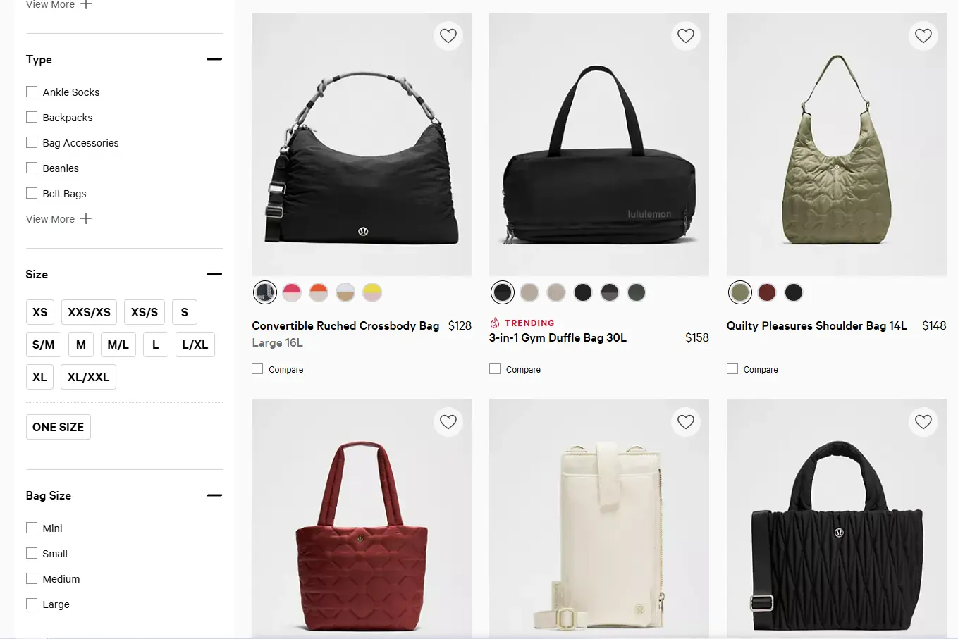 bags product pages