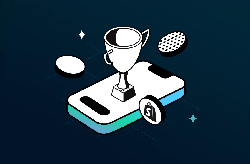 Trophy on a smartphone and coins representing best Shopify apps for ecommerce store in 2025 - by TrueProfit
