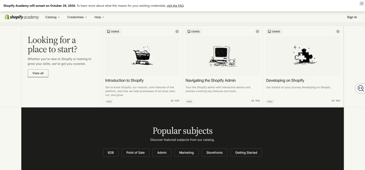 Shopify Academy page