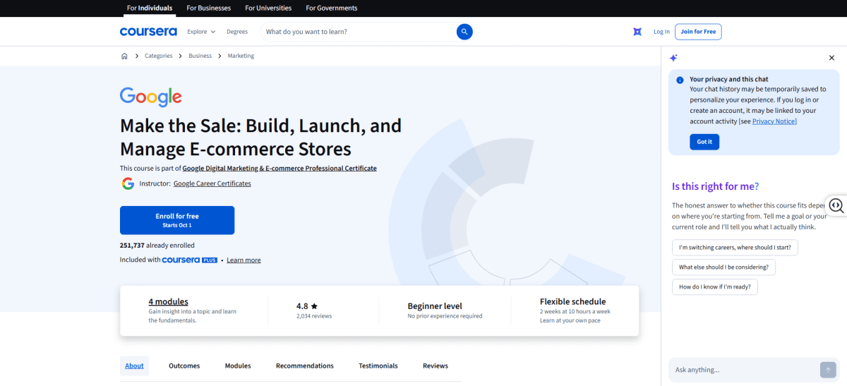 Google Digital Marketing &amp; E-commerce on Coursera page