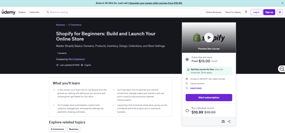 A Shopify Course on Udemy page