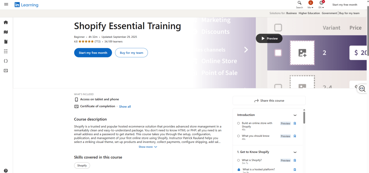 Shopify Essential on LinkedIn Learning page