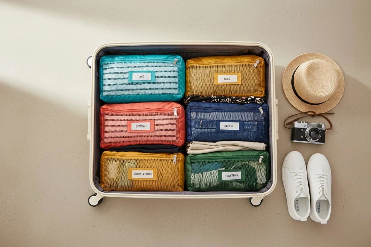 Packing cubes organizing clothes inside an open suitcase