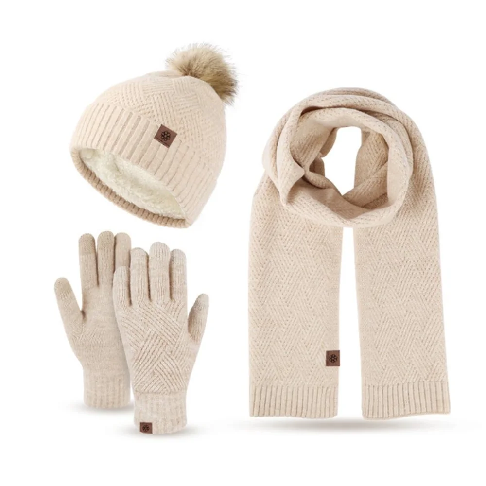 Coordinated knit hat, scarf, and gloves for winter