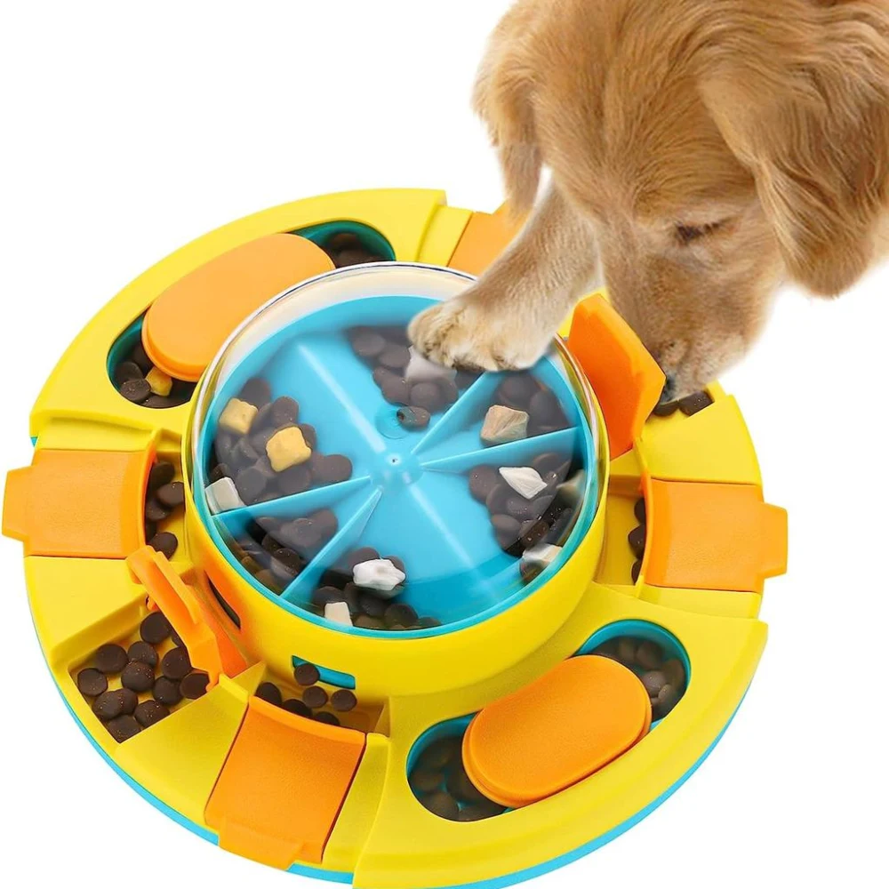 Dog exploring a colorful treat-dispensing puzzle toy