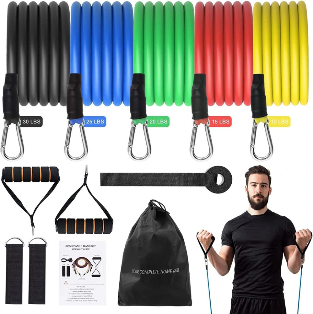 Resistance band set with handles, ankle straps, and a door anchor
