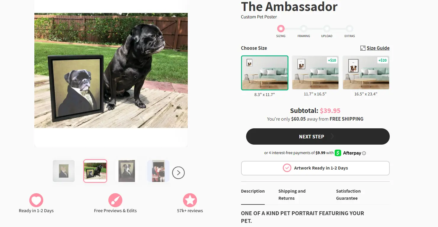 dog portraits product example page