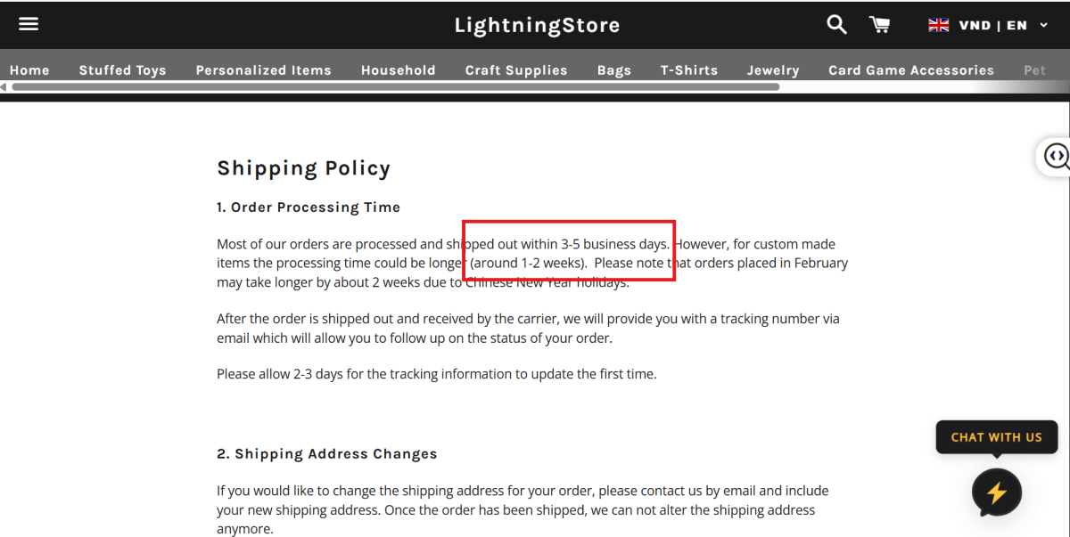 Setting clear shipping expectations upfront example from LightningStore
