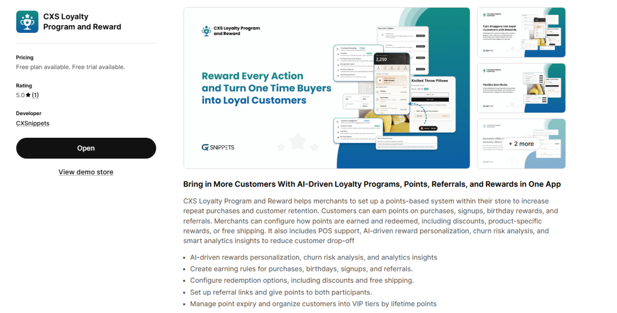 CXS Loyalty Program and Reward in Shopify App listing