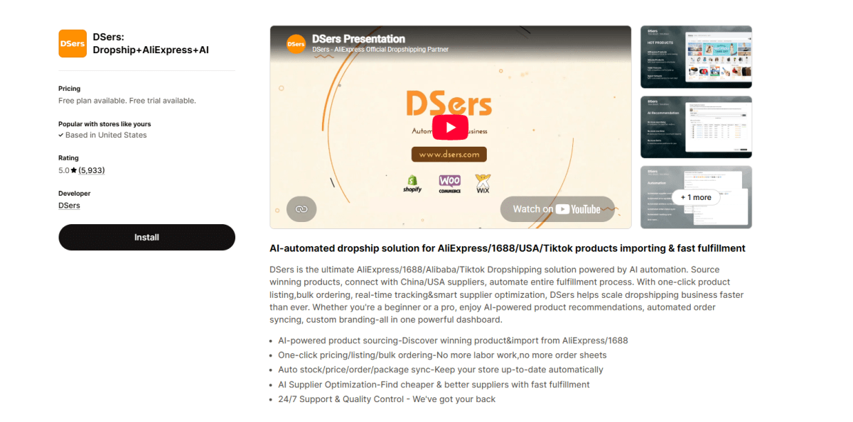 DSers on Shopify App Listing