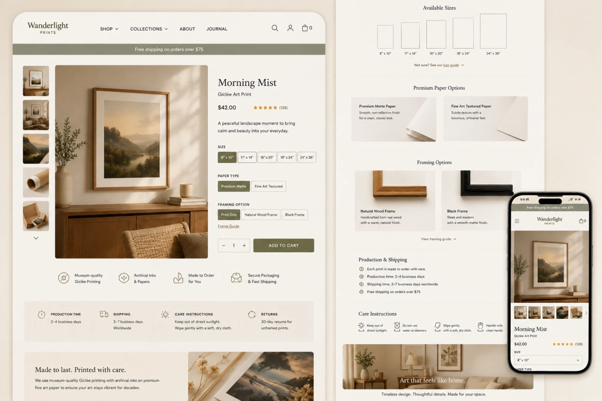 Wanderlight store on desktop and mobile