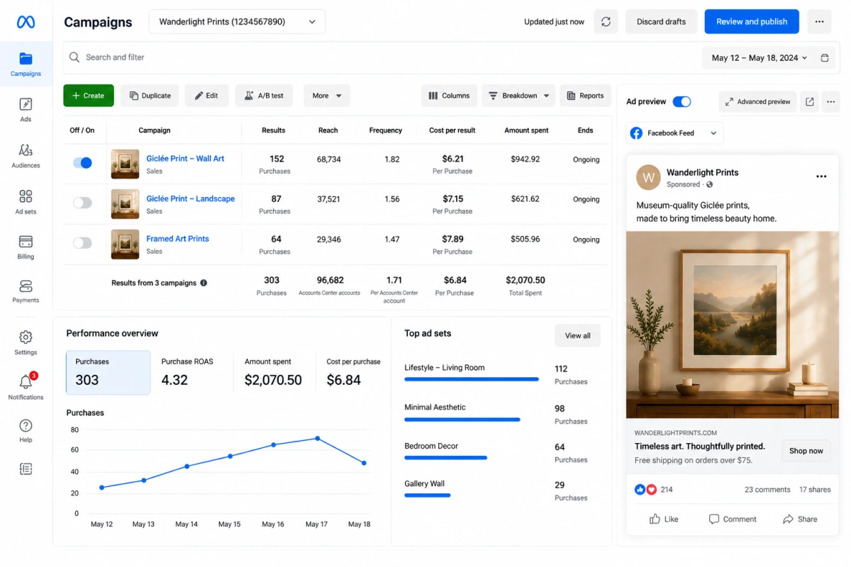 Meta Ads set up for Wanderlight