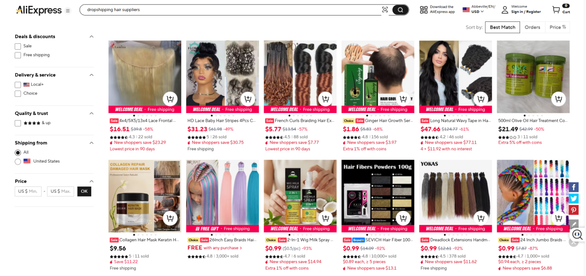 AliExpress Hair Vendors homepage