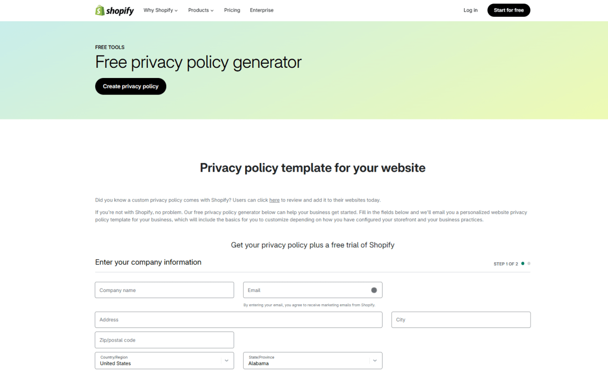 Shopify privacy policy generator page