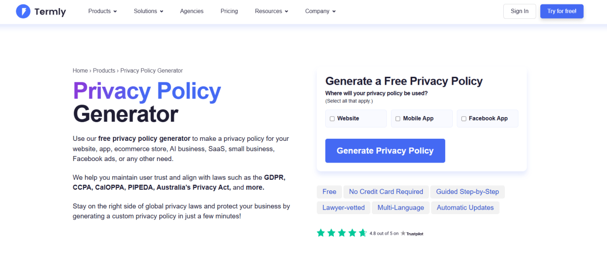 Termly privacy policy generator page