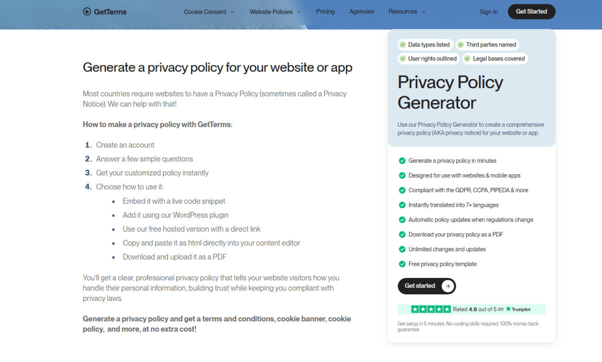 GetTerms privacy policy generator tool page