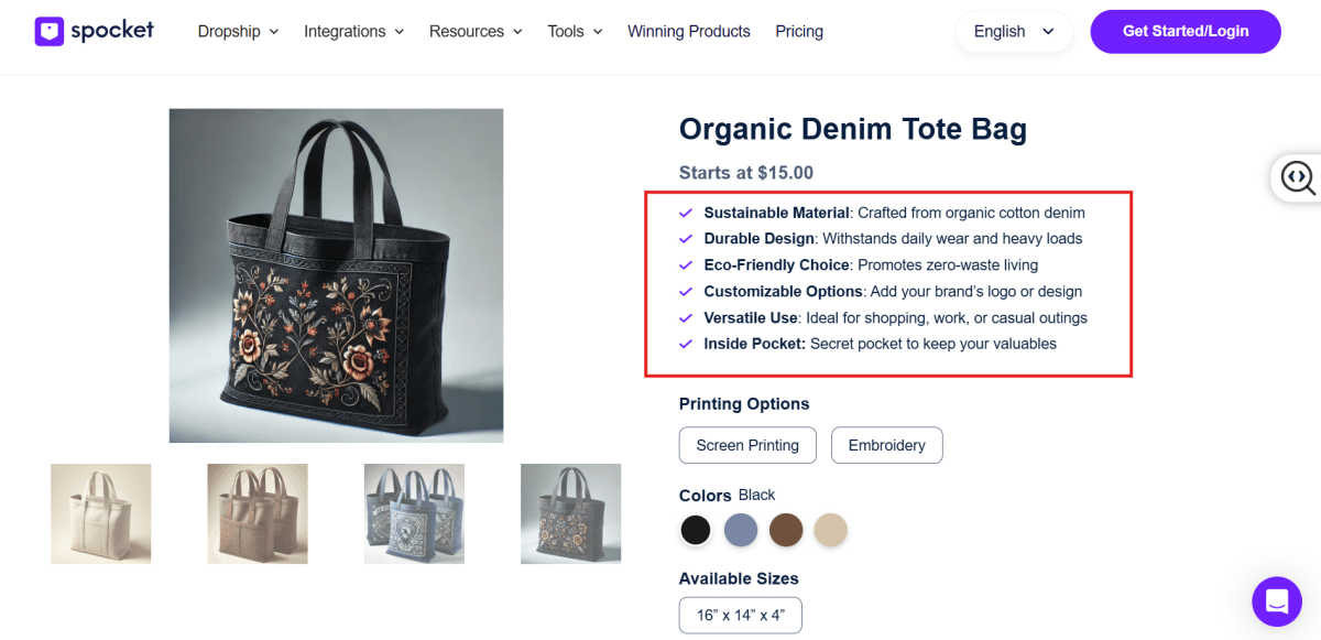 Spocket product page for an organic cotton denim tote bag with sustainable features