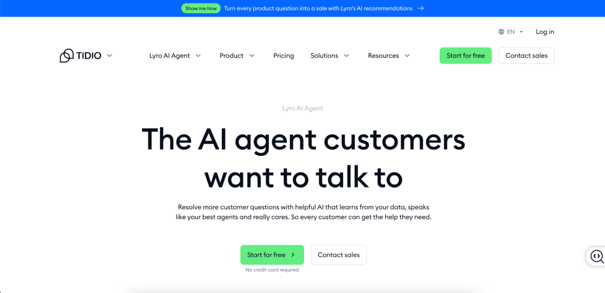 Tidio Lyro homepage screen