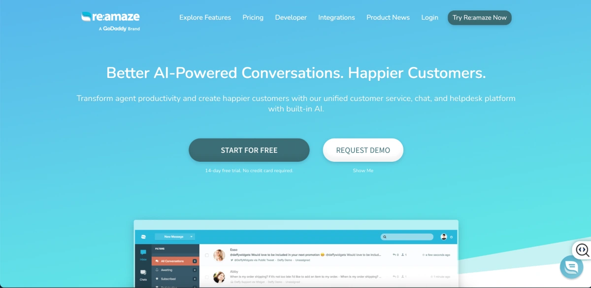 Reamaze homepage screen