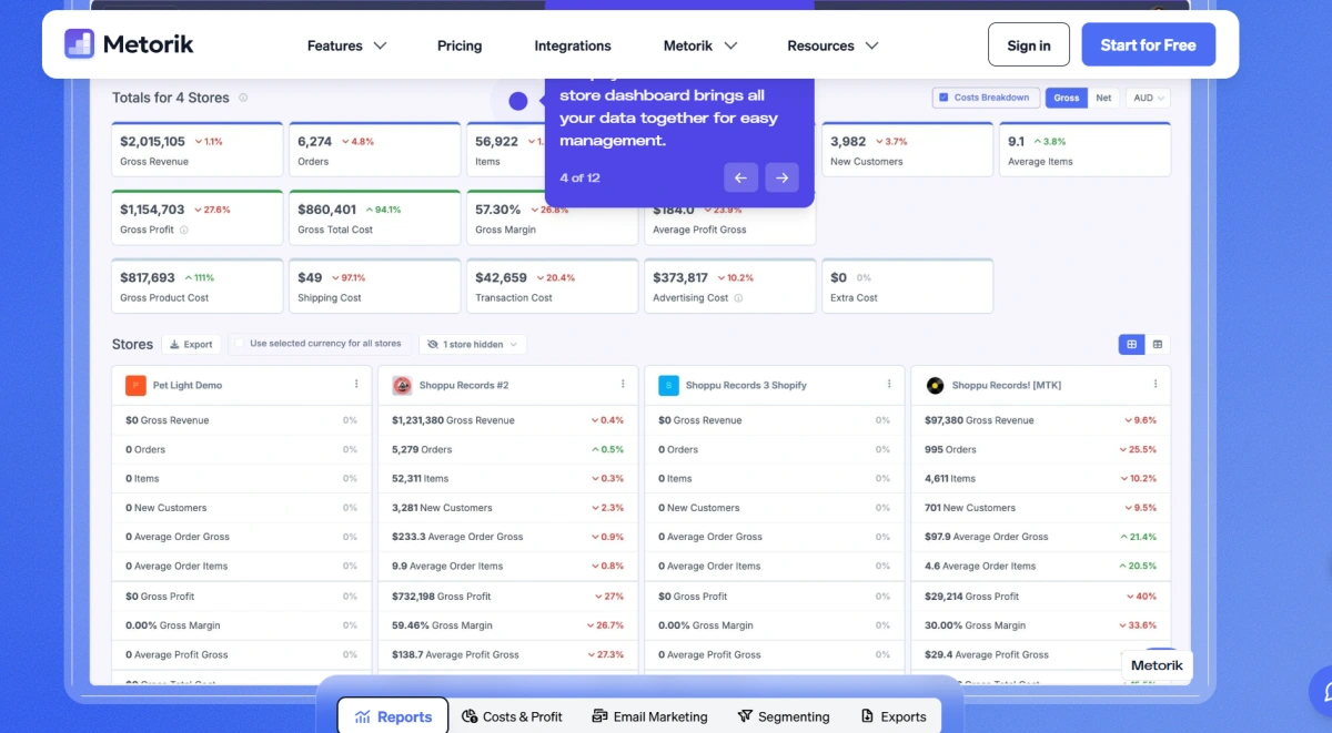 Metorik dashboard example