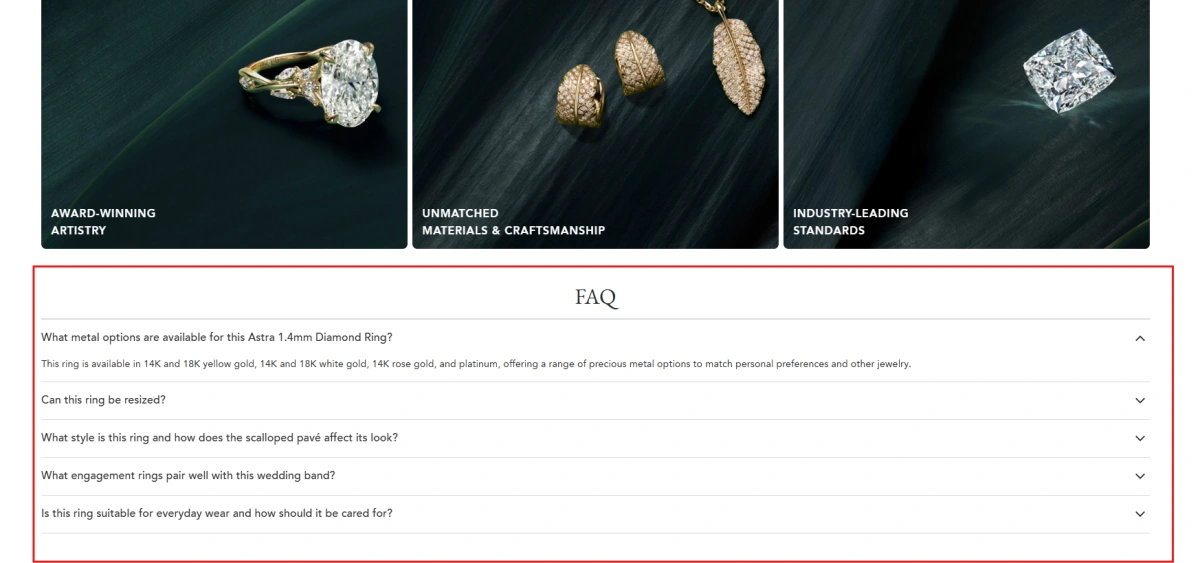 On-page FAQ block on a Shopify product page