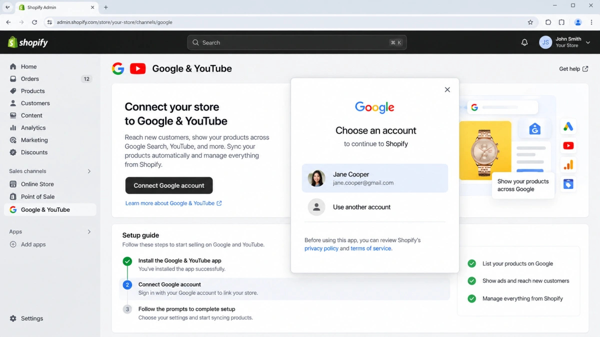 Google and YouTube app in Shopify prompting the merchant to choose a Google account to connect the store
