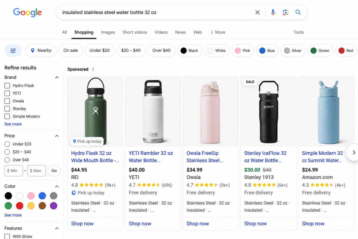Sponsored Google Shopping listings for 32 oz insulated water bottles with descriptive product titles, prices, and ratings