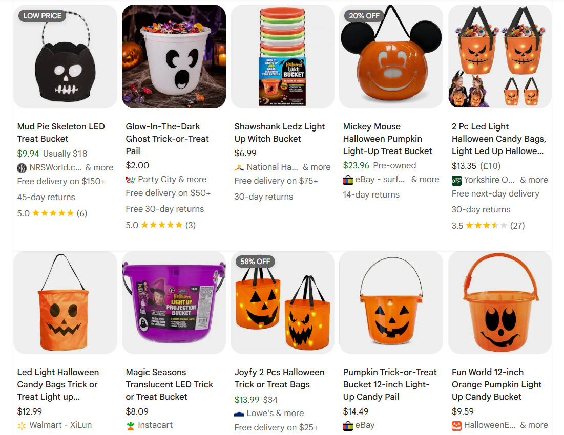 LED and character trick-or-treat buckets examples