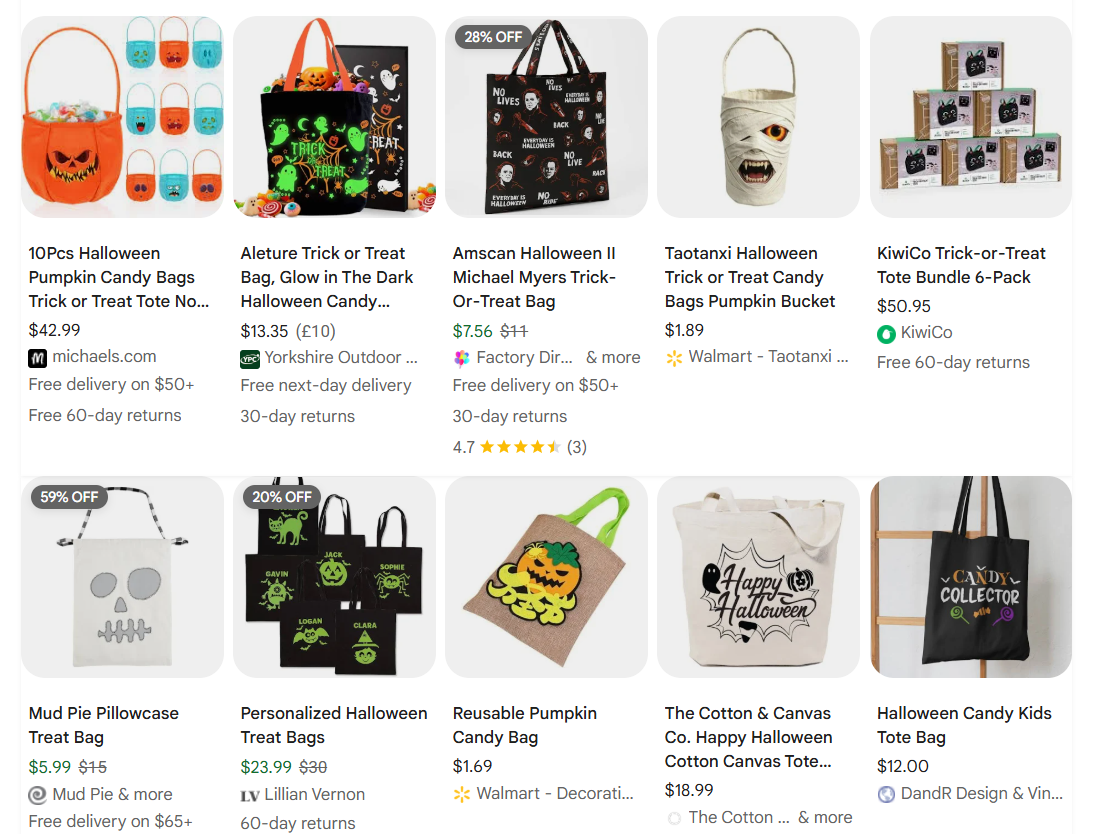 Reusable candy bags and treat totes examples