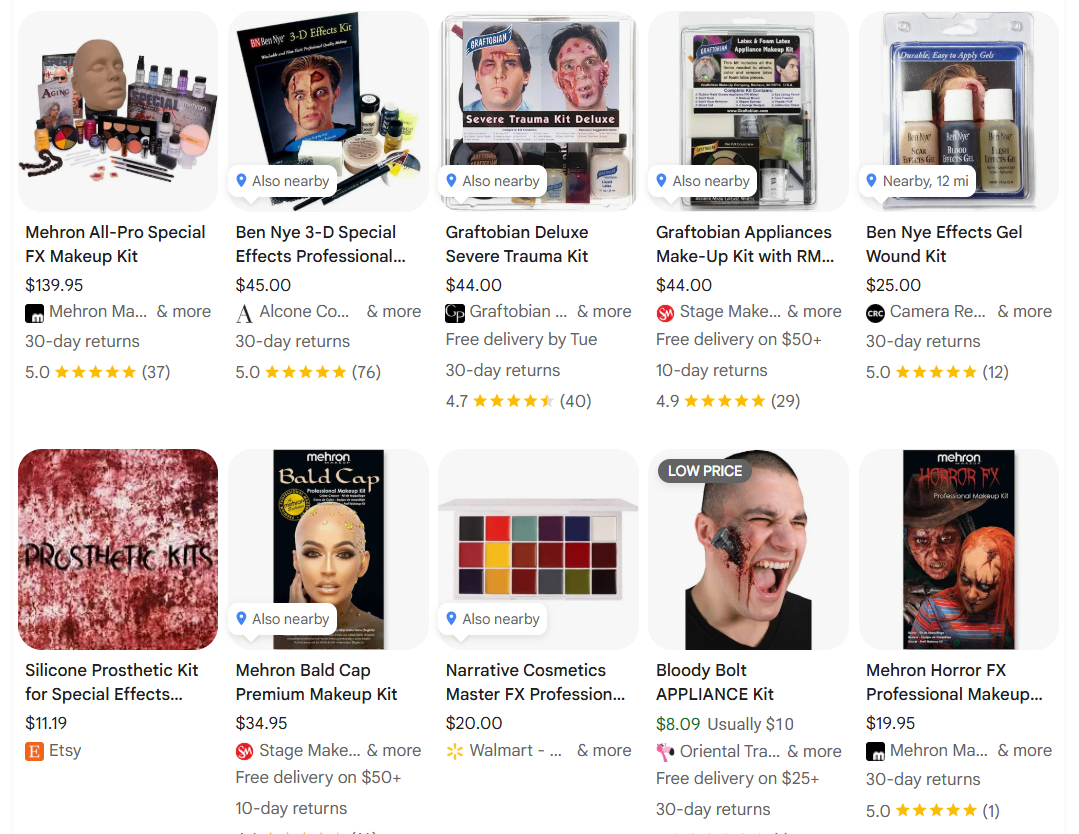 SFX makeup and prosthetic kits examples
