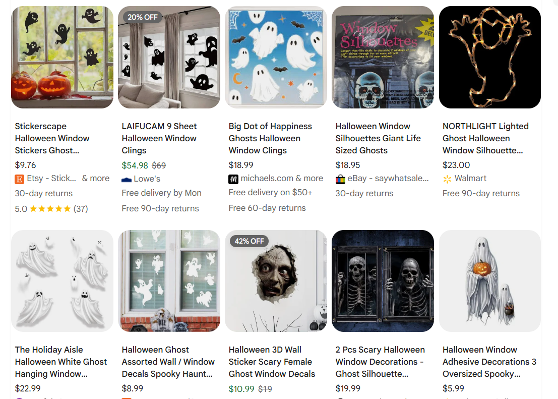 Wall decals, window silhouettes, and hanging ghosts examples