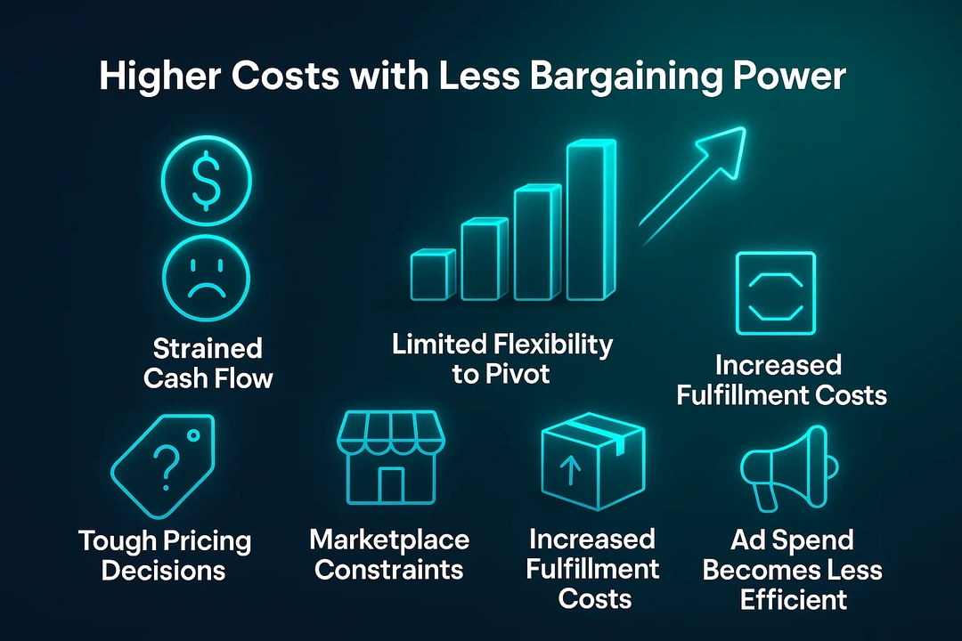  Illustration showing how tariffs affect small e-commerce businesses, focusing on higher costs, limited flexibility, and increased fulfillment costs.