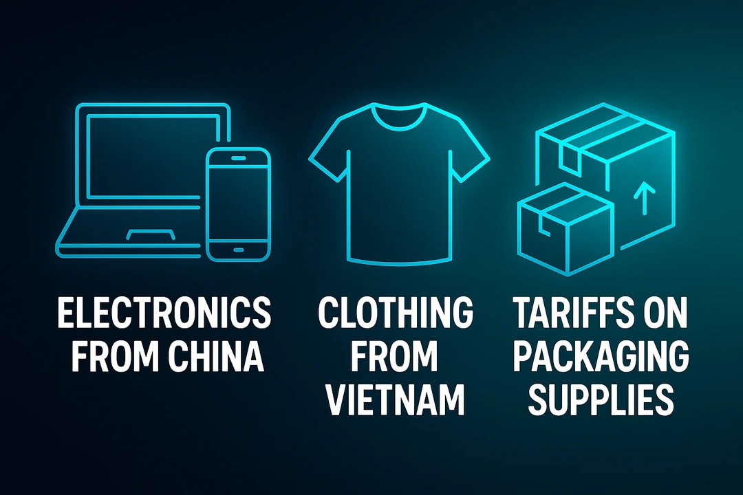 Visual explanation of how tariffs affect different product categories: electronics, clothing, and packaging supplies.