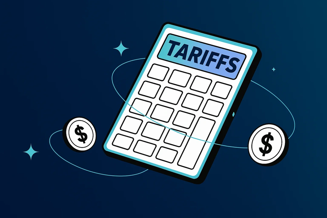 Calculator labeled tariffs with coins for how do tariffs affect businesses in 2025 - by TrueProfit