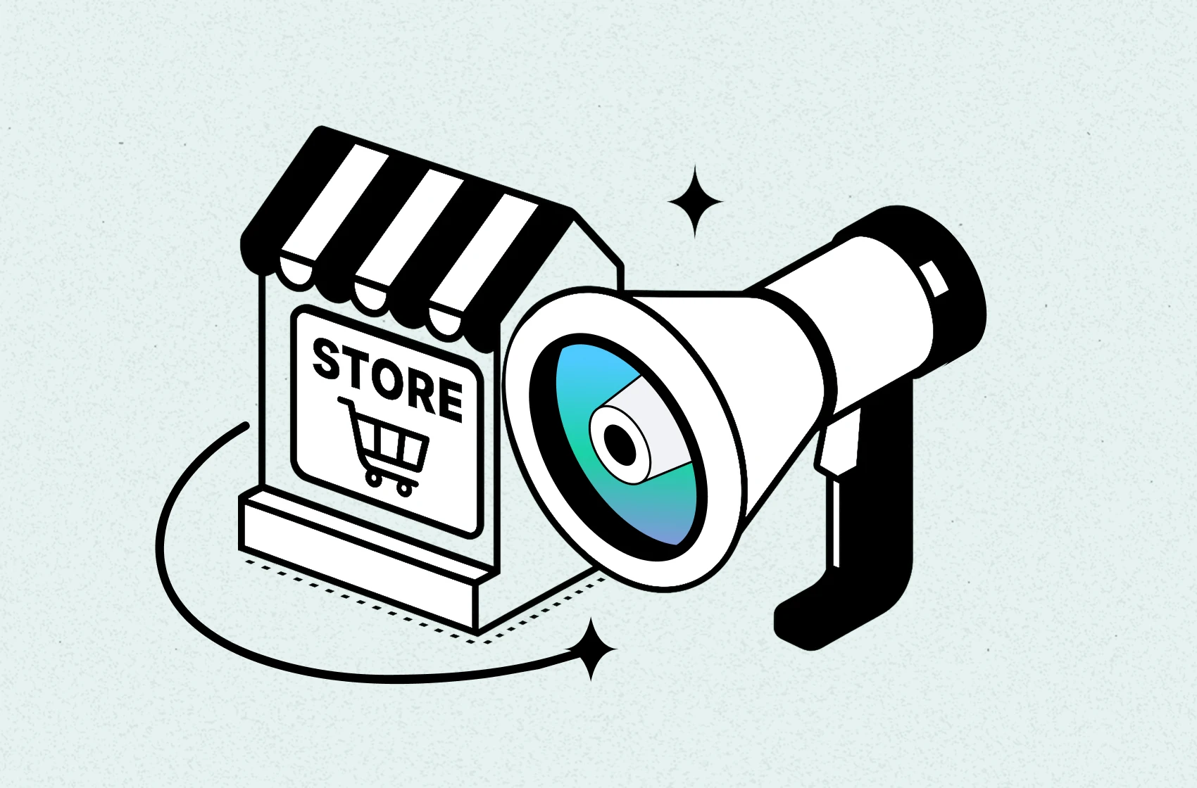 Megaphone and storefront illustration showing how to promote Shopify store tips for 2025 - by TrueProfit