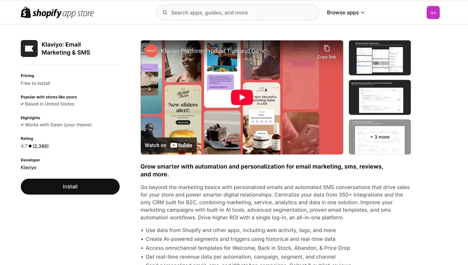 a screenshot of Klaviyo's Shopify App Listing